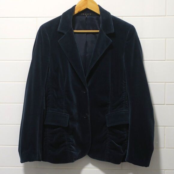 THEORY VELVET BLAZER BLUE GREY RUCHED single breast pocket LARGE lapel gather US - Picture 1 of 13